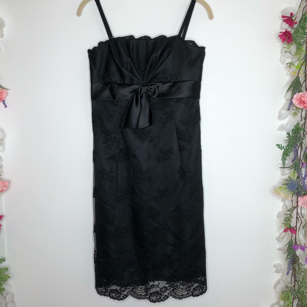 WHBM black spaghetti strap dress lace over satin